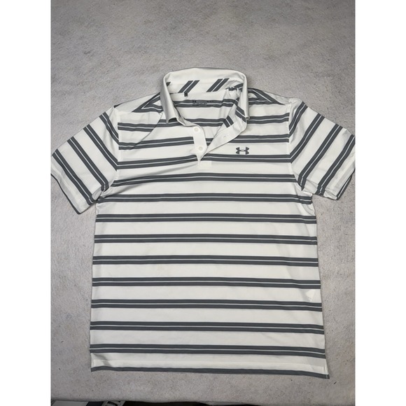 Under Armour Other - Under Armour Men's Large White Gray Striped‎ Loose Heatgear Golf Polo